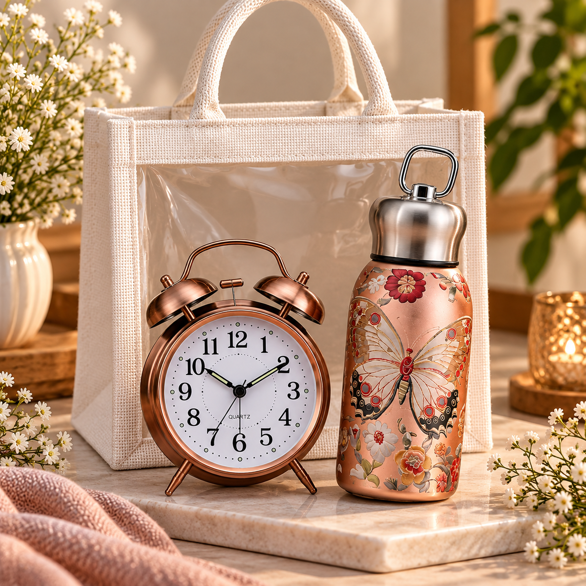 300ml bottle and metallic analog clock gift hamper with jute bag