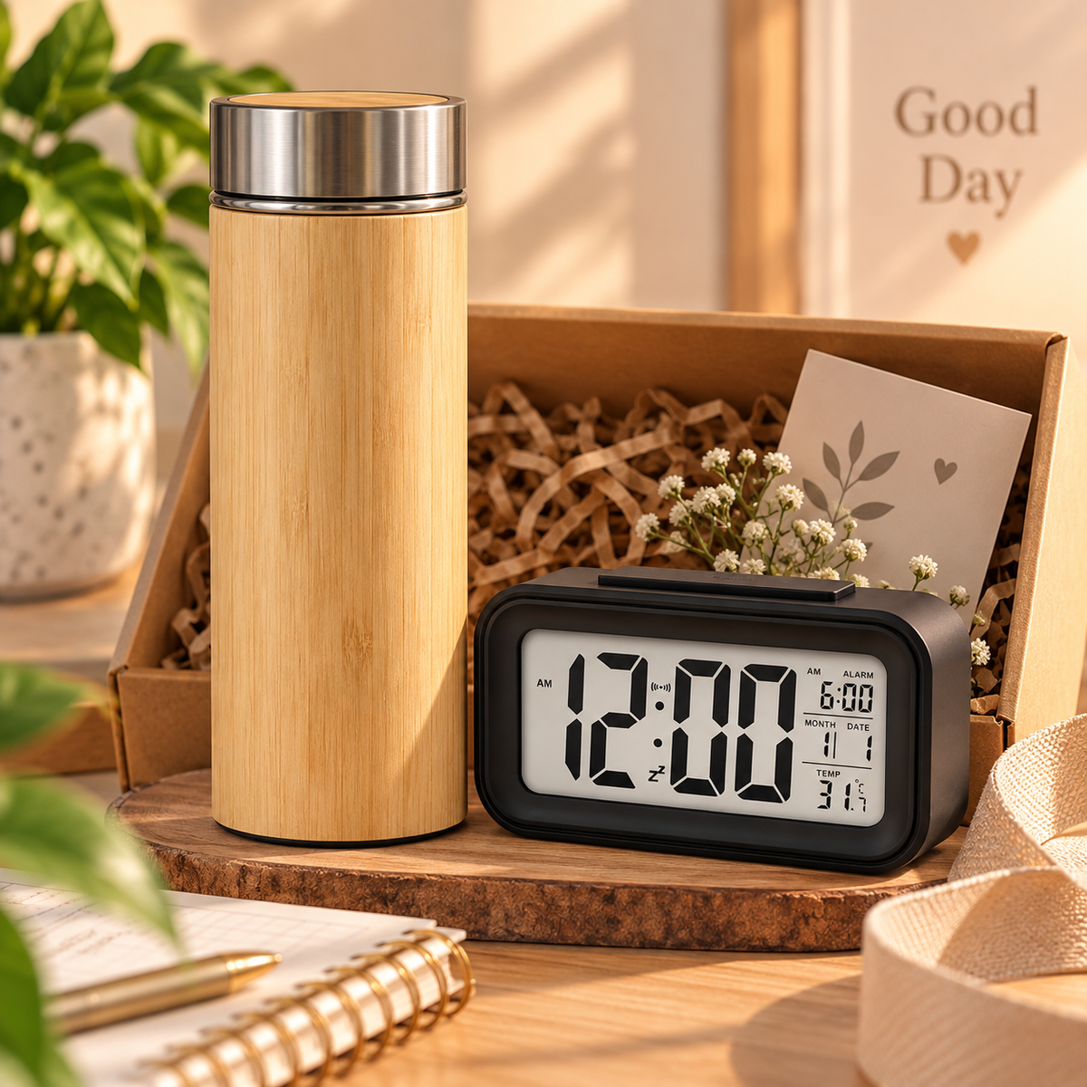500ml bamboo bottle and digital clock gift set for corporate gifting