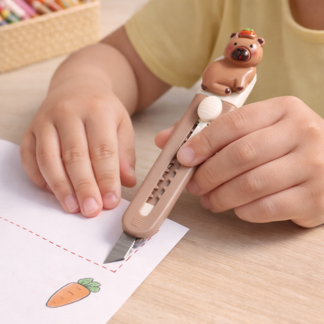 Child using cute bear paper cutter for school craft activity and precise paper cutting projects