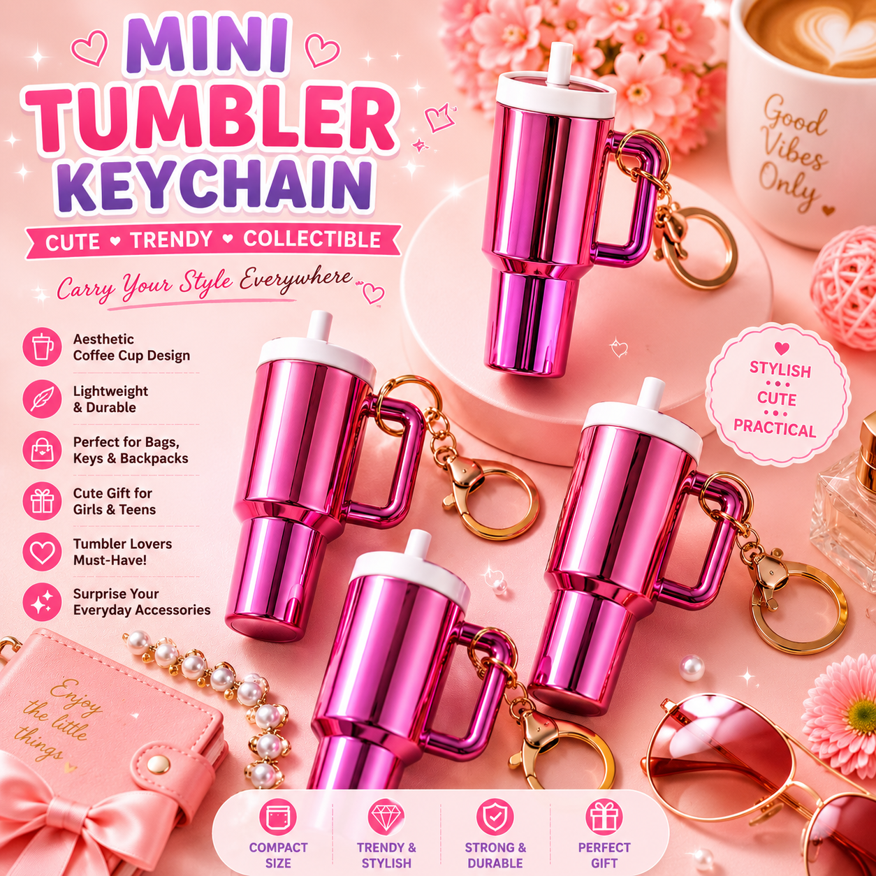 Cute Metallic Pink Mini Tumbler Keychain for Bags, Backpacks and Keys