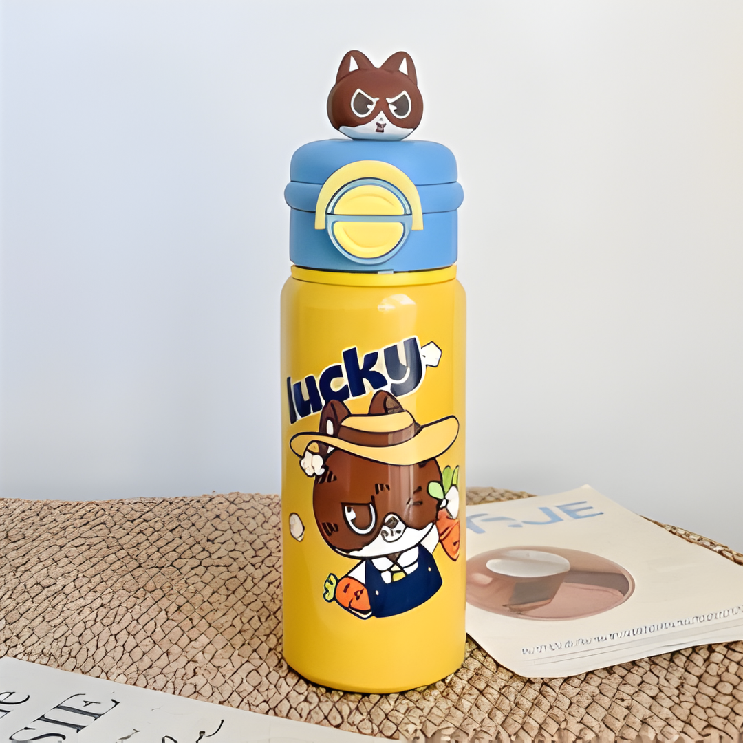 Kids Stainless Steel School Bottle Yellow Kitty Design