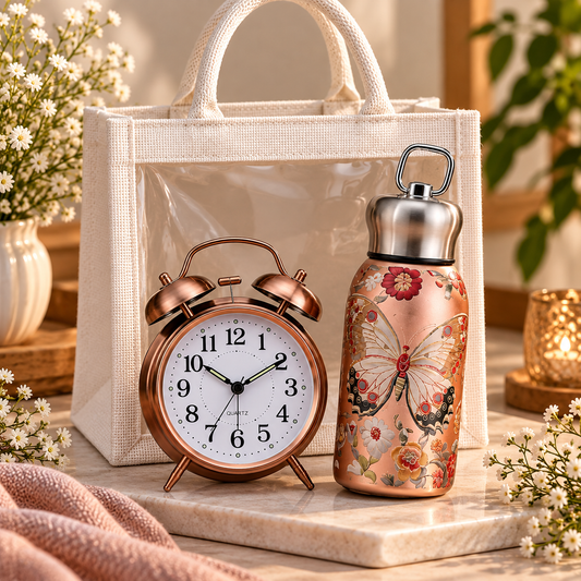 300ml bottle and metallic analog clock gift hamper with jute bag