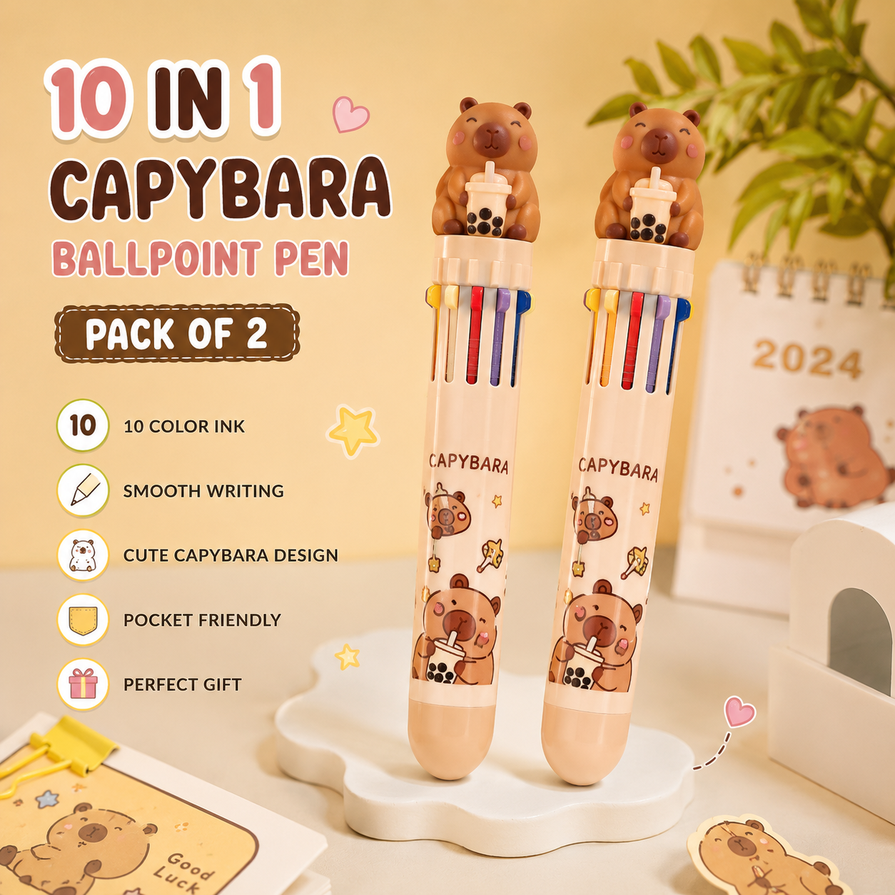 10 in 1 Capybara Multicolor Ballpoint Pen Pack of 2