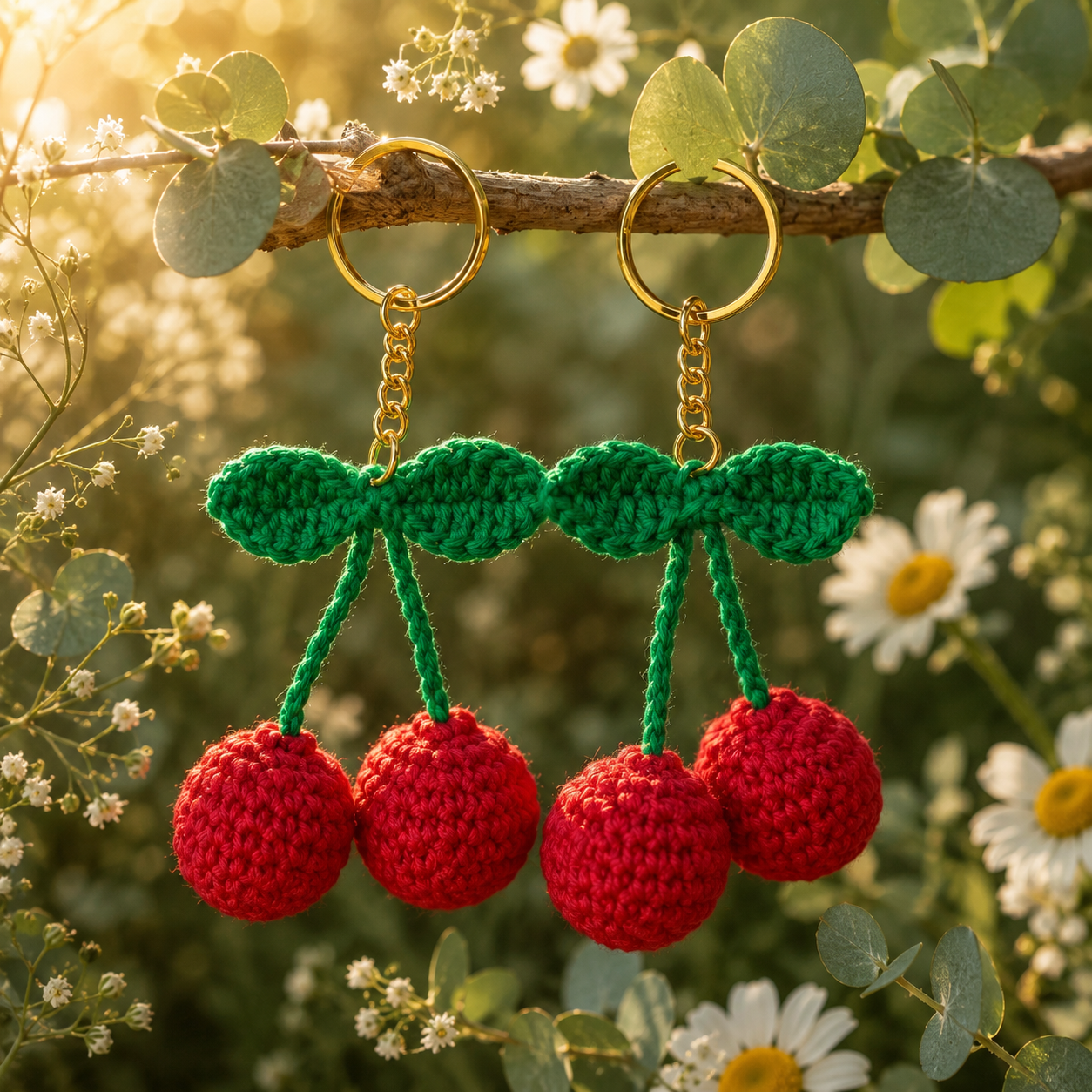 Handmade crochet cherry keychain with premium golden keyring made from soft cotton yarn.