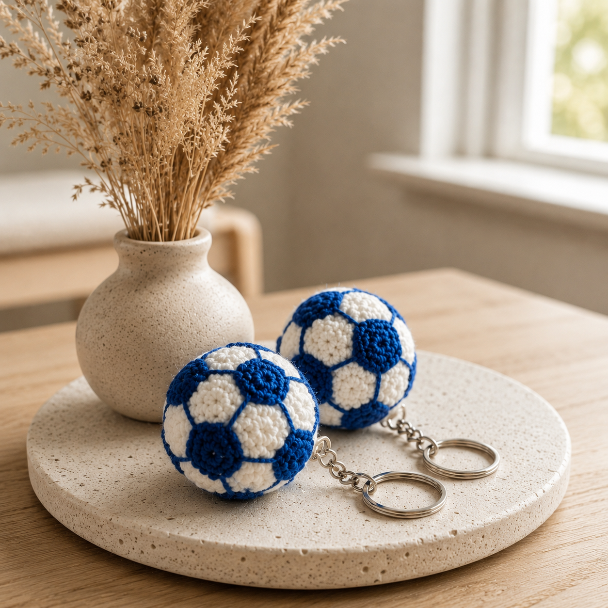 Handmade crochet football keychain with premium golden keyring made from soft cotton yarn