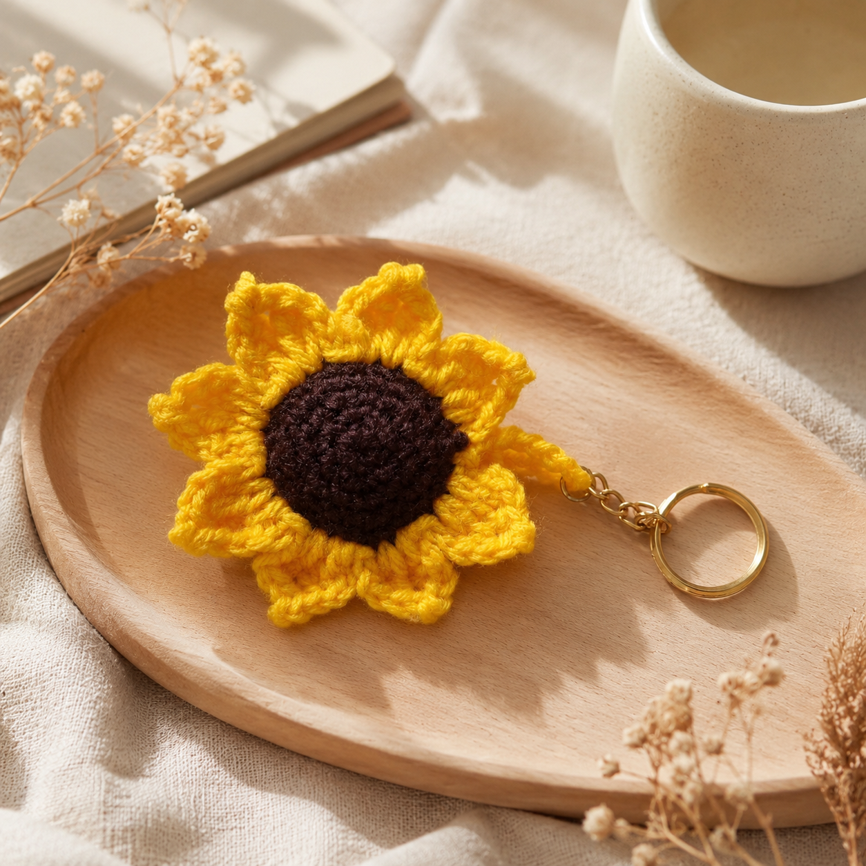 Handmade crochet sunflower keychain with premium golden keyring made from soft cotton yarn.
