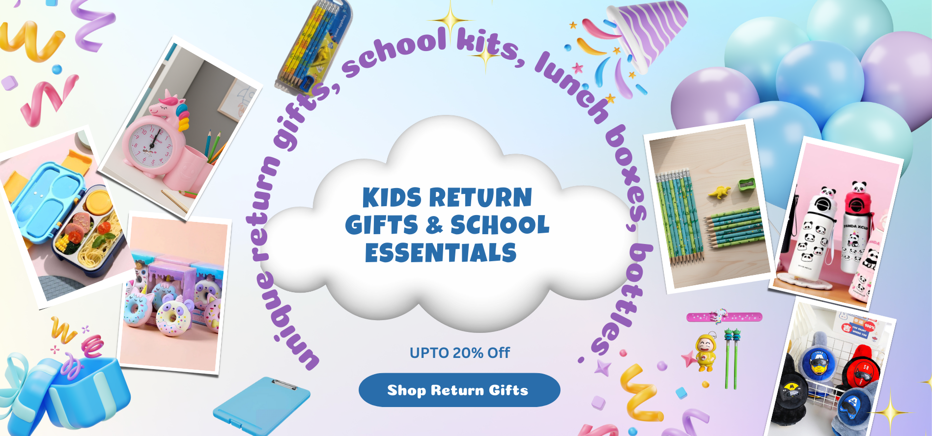 Kids return gifts and school essentials banner featuring lunch boxes, water bottles, pencil pouches and gift combo packs