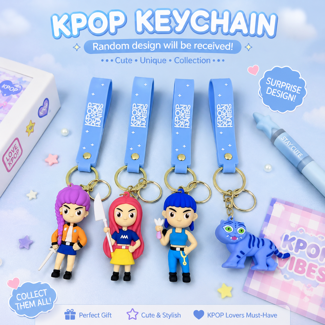 KPOP-themed keychains with cartoon characters on a light blue background
