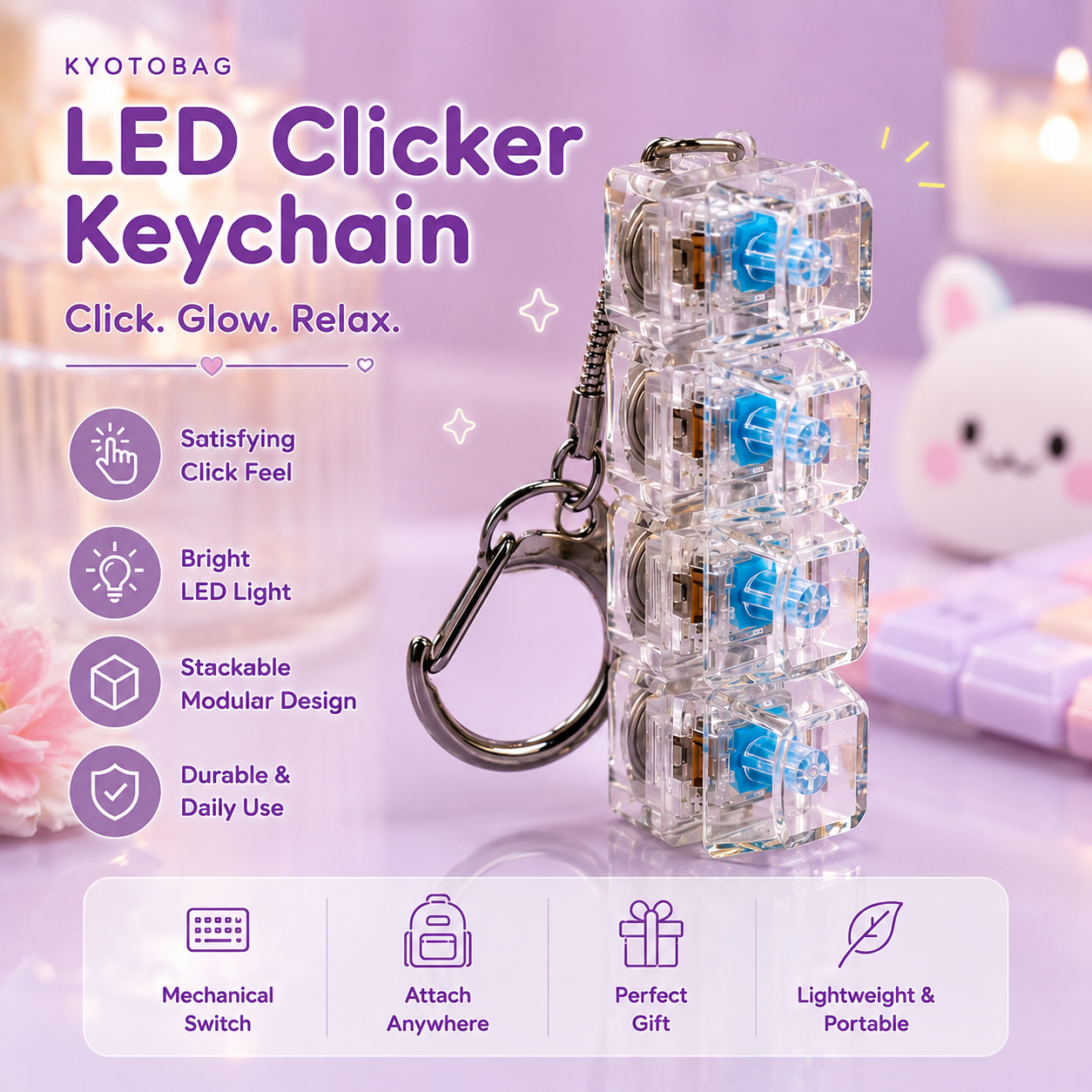 Transparent LED Clicker Keychain with mechanical keyboard switches and stackable cube design