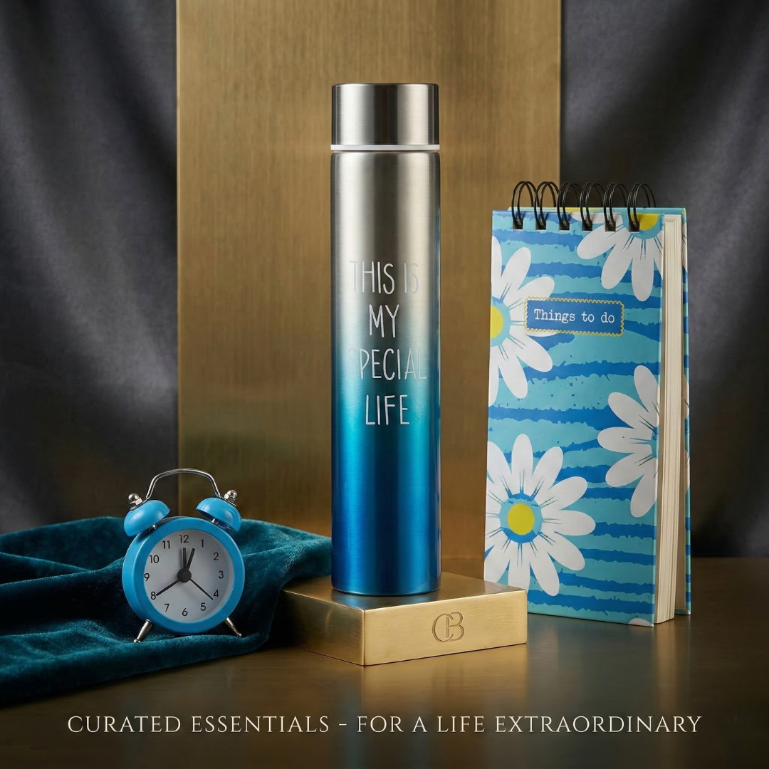 Premium daily essentials combo with stainless steel water bottle, to-do list planner and mini alarm clock for kids and teens