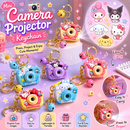 Cute mini camera projector keychain with cartoon character projections, kawaii design, portable keyring accessory for kids and collectors.