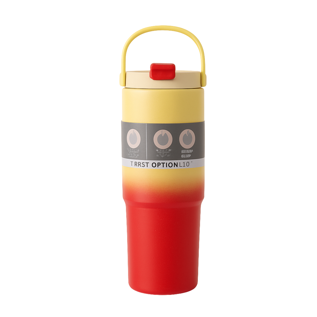 Gradient yellow to red tumbler with a yellow lid on a white background