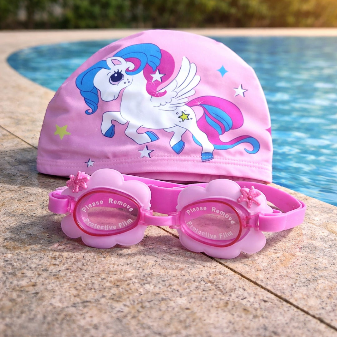 Girls Swimming Goggles & Cap Combo (Assorted Designs)