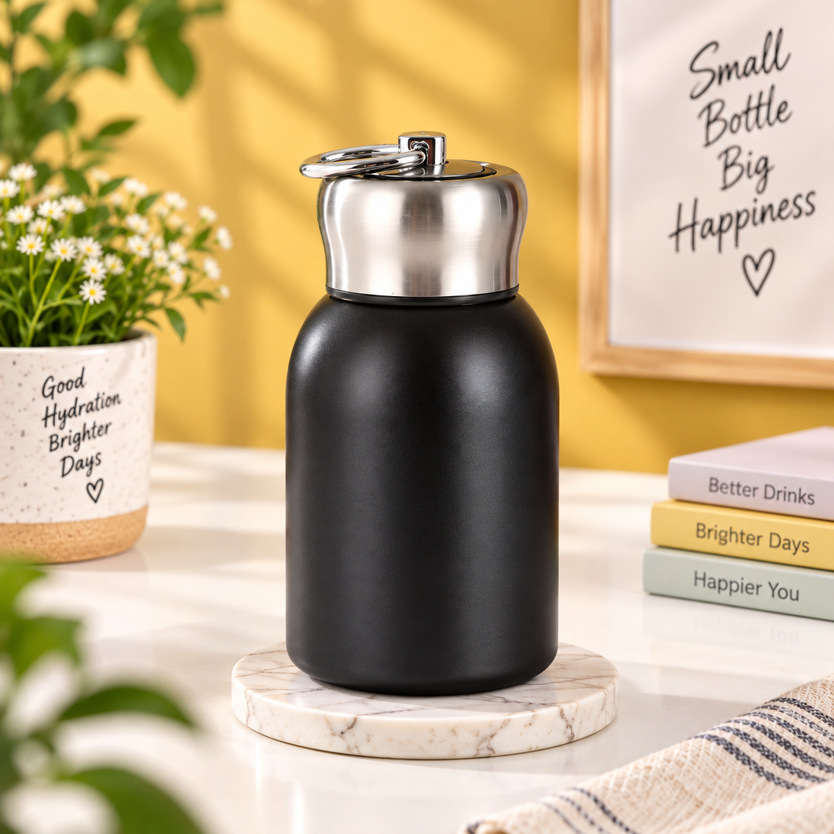 Black stainless steel water bottle with silver cap and carry loop