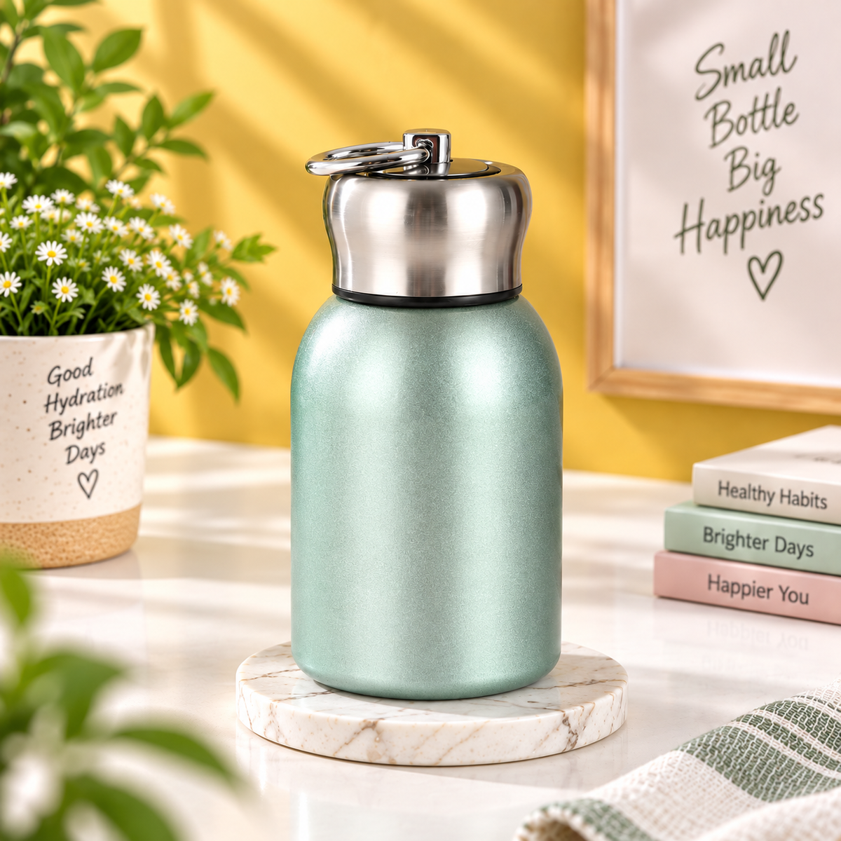 Mint green stainless steel water bottle with silver cap and carry loop