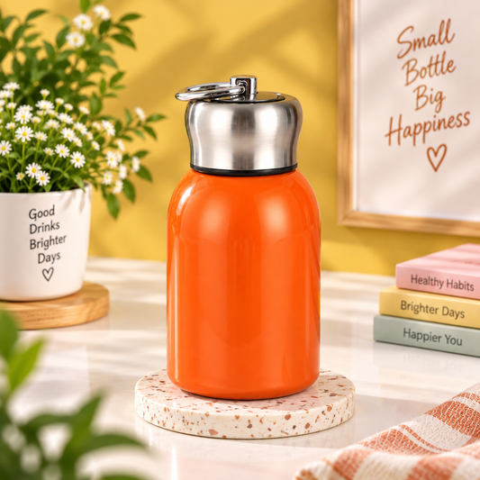 Orange stainless steel water bottle with silver cap and carry loop