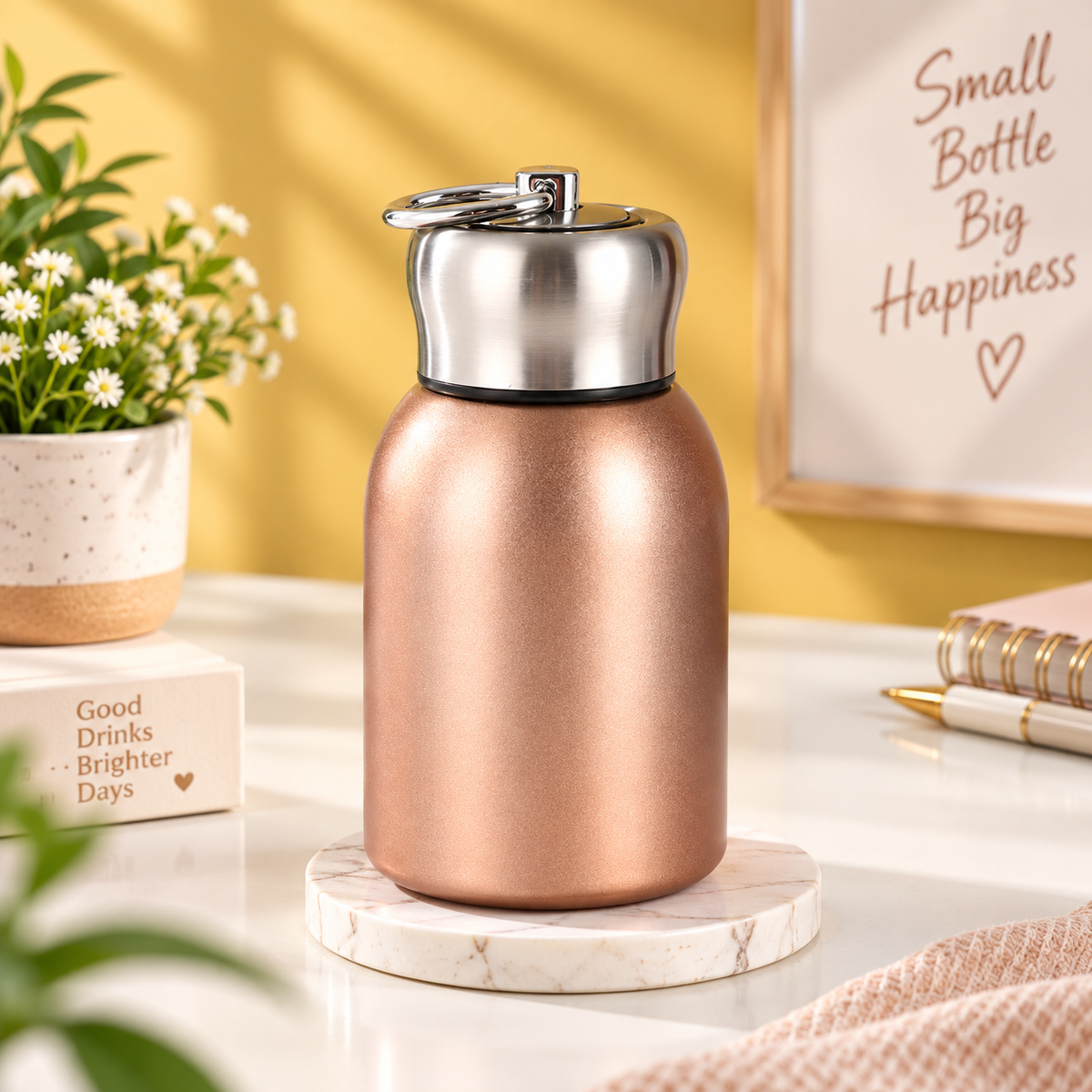 Rose gold stainless steel water bottle with silver cap and carry loop