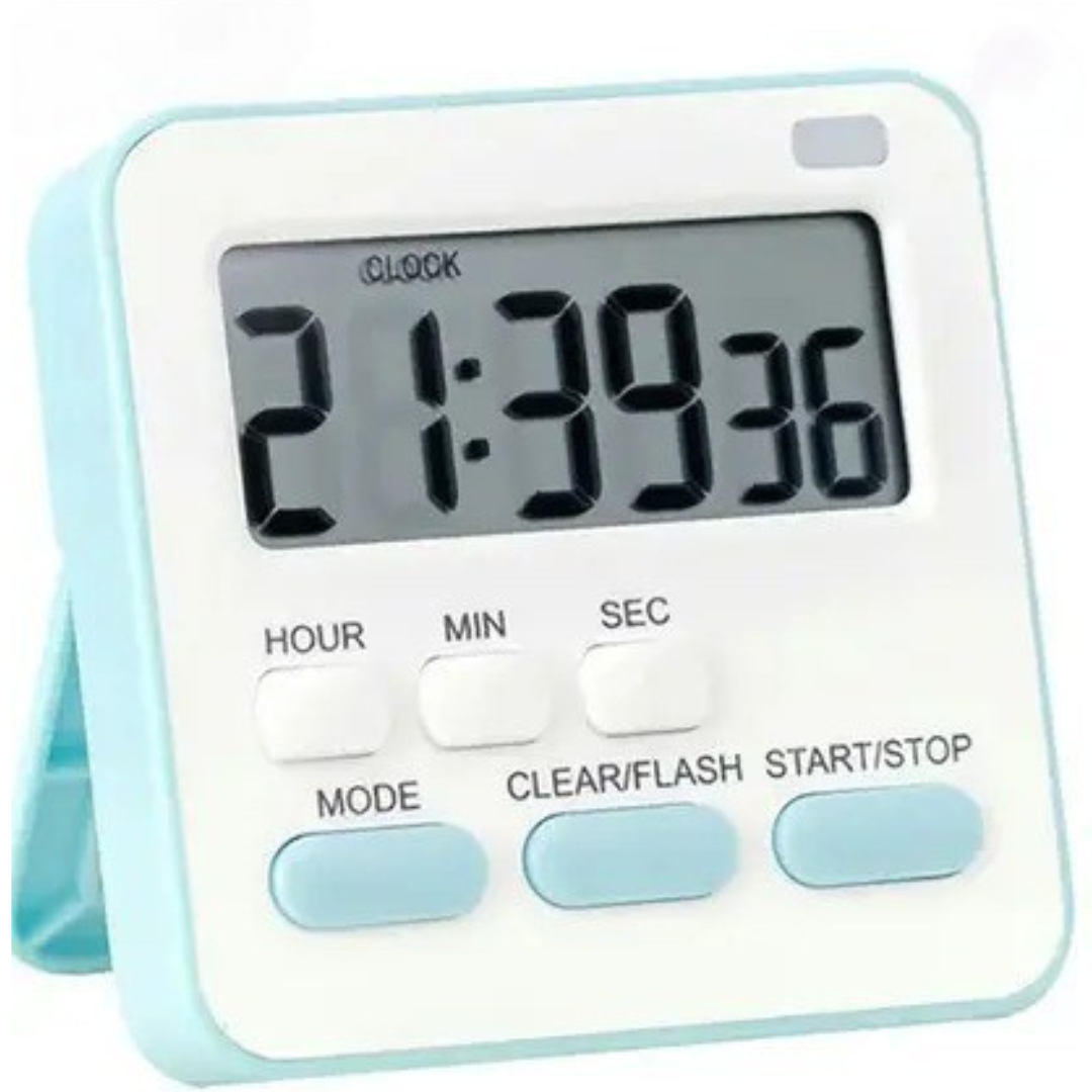 Digital clock with blue casing and white display on a white background