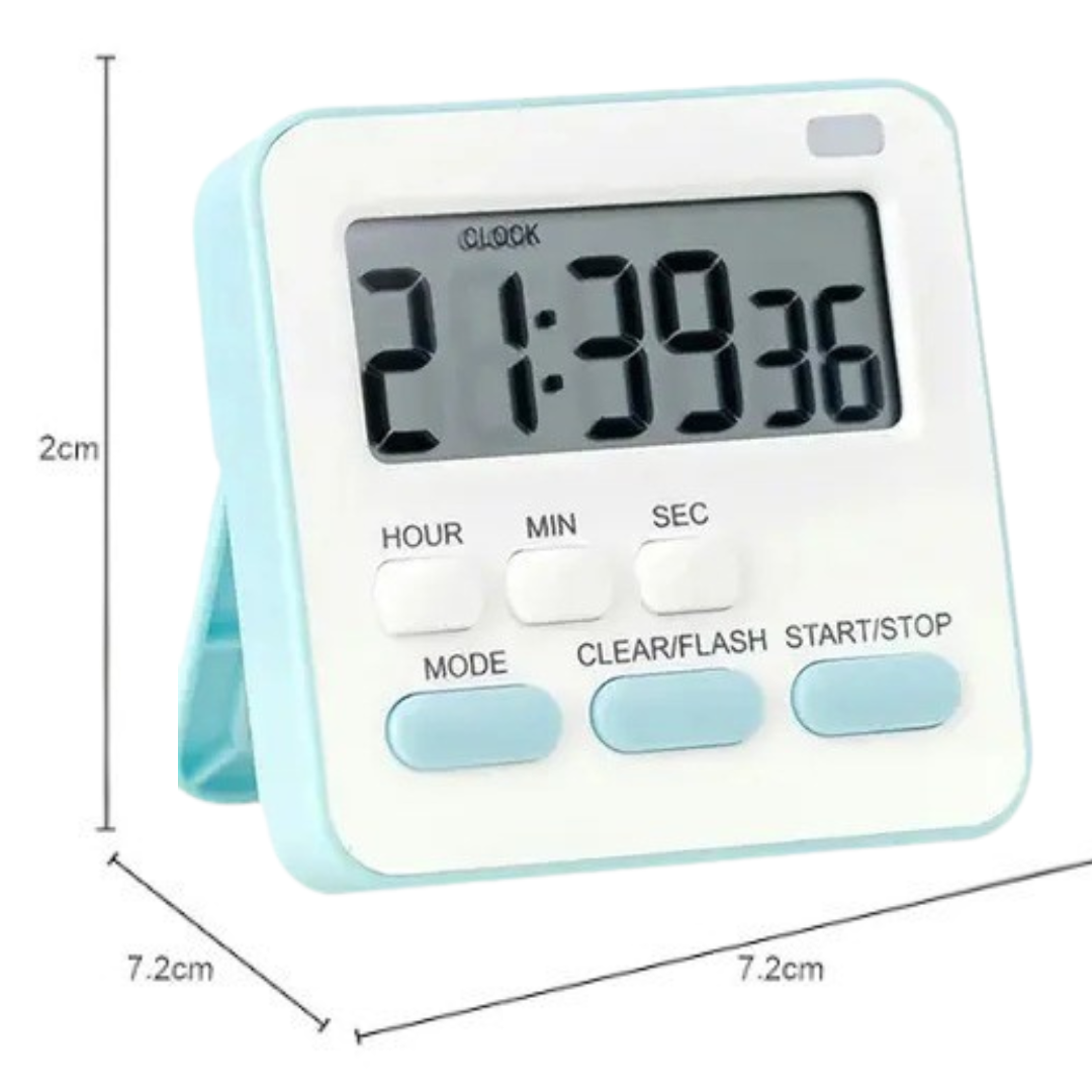 Digital timer with blue casing and white buttons, showing time '21:39:36', with dimensions indicated.